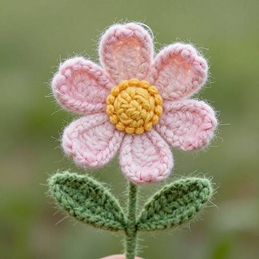 Close-up photograph of a fluffy, pink crocheted flower with a yellow center and green, textured leaves against a blurred green background.