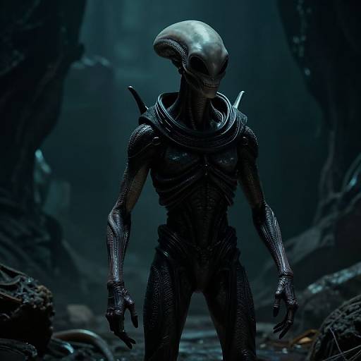 Photorealistic CGI of a sleek, black, alien creature with a smooth head, textured exoskeleton, and menacing stance in a dark, cavern
