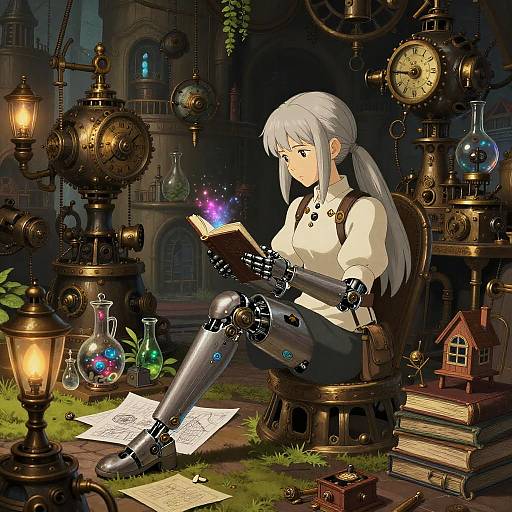 Digital anime-style artwork of a silver-haired girl with cybernetic limbs, reading a book surrounded by steampunk clocks, lanterns, and books