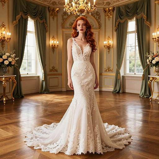 Photograph of a red-haired woman in an elegant, lace-trimmed, deep V-neck white wedding gown, standing in an opulent, ch