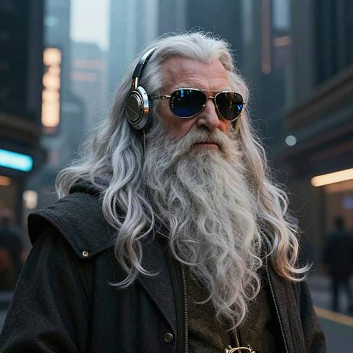 Photograph of an elderly white man with long white hair, full beard, wearing dark sunglasses, headphones, and a black coat, standing in a bustling