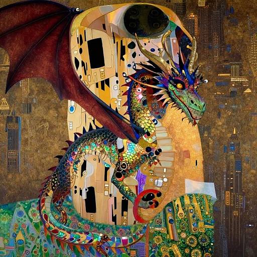 Digital artwork of a vibrant, multicolored dragon with glowing scales, red wings, and intricate cityscape patterns, set against a textured brown background.