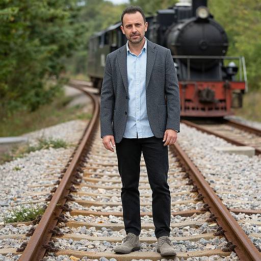 Photograph of a bearded man in a gray blazer, white shirt, black pants, and gray shoes standing on railway tracks with a black steam