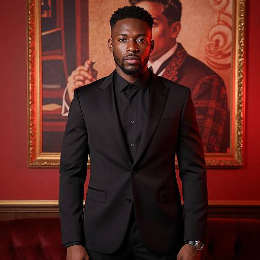 Photograph of a handsome Black man with short curly hair, wearing a black suit and black shirt, standing in front of a framed portrait, with red