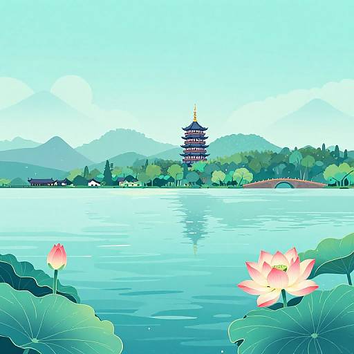 Digital illustration of a serene Asian lake scene with a central pagoda, lily pads, pink lotus flowers, and a distant arch bridge.