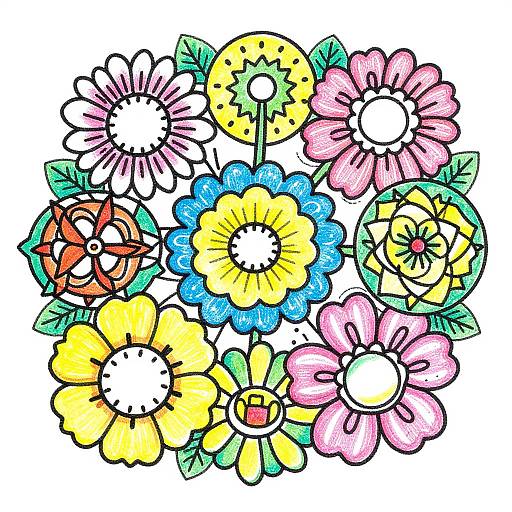 Colorful, cartoon-style drawing of a flower bouquet with vibrant yellow, pink, blue, and white flowers, a small orange bird, and green leaves