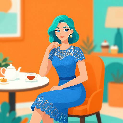 Digital illustration of a teal-haired woman in a blue lace dress, sitting on an orange chair in a vibrant orange and turquoise room, with a tea set