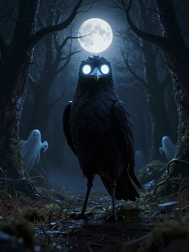 Digital artwork: Silhouetted owl with glowing blue eyes stands in a dark, moonlit forest, surrounded by ghostly figures, under a full