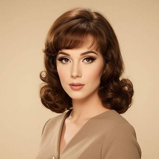 Photograph of a fair-skinned woman with vintage-style, wavy brown hair, wearing a beige V-neck top, against a soft beige background.