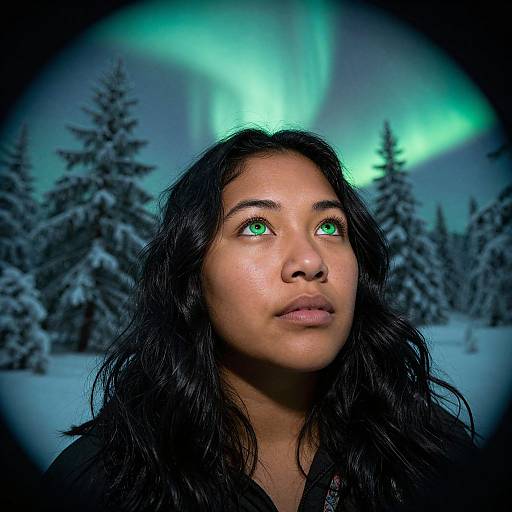 Photograph of a young woman with long black hair, green eyes, and tan skin, gazing at vibrant green northern lights against a snowy forest backdrop