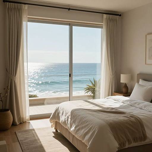 Photograph of a sunlit beachside bedroom with a large sliding glass door, ocean view, beige curtains, white bed linens, and a p
