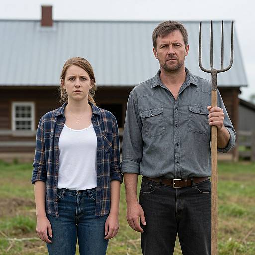 Photograph of a serious-looking man in a blue shirt holding a pitchfork, standing beside a woman in a plaid shirt and white tank top,