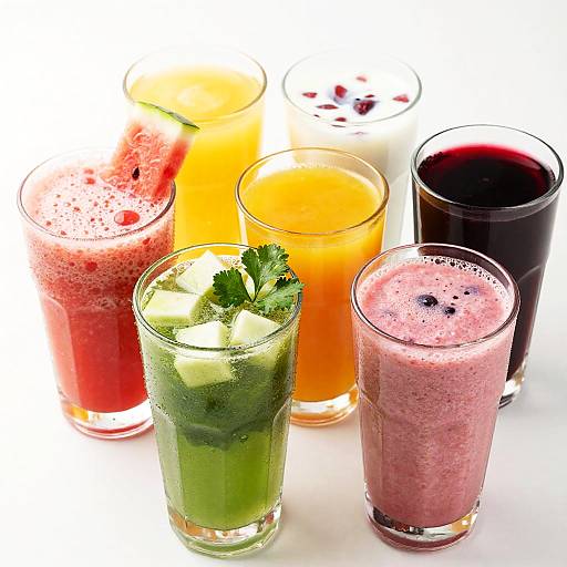 Photograph of six colorful smoothies in clear glasses: green with cucumber and mint, pink with berries, bright orange, and red with blackberries.