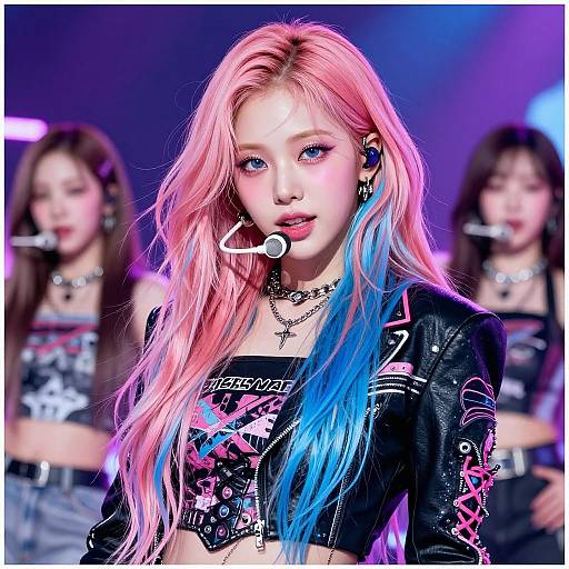 Digital artwork of a pink and blue-haired woman with a microphone, wearing a black, neon-accented leather jacket and choker, singing on stage