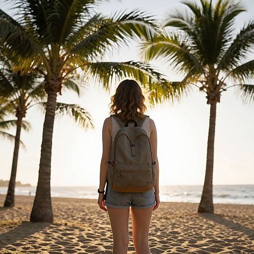 Woman with Backpack on Sunset Beach
