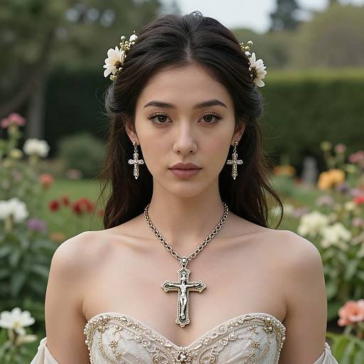Photograph of a young woman with long dark hair, wearing a white floral headpiece, cross earrings, and a strapless white dress adorned with gold