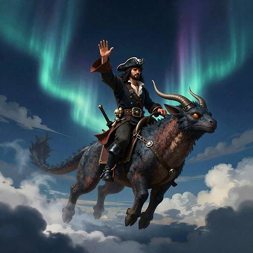 Sky Pirate Captain Riding Mythical Beast under Aurora