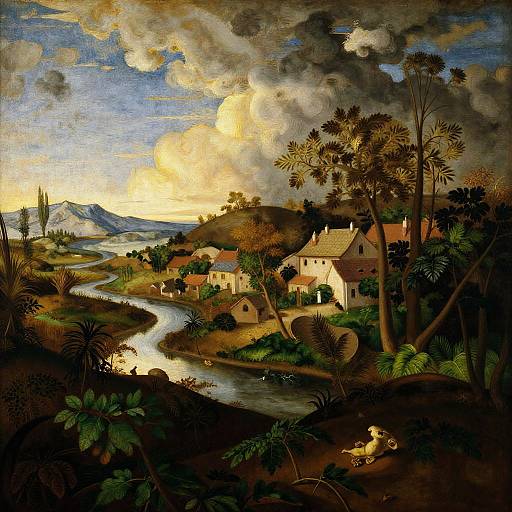 Renaissance landscape painting with a winding river, smoke-filled sky, rustic houses, tall trees, mountains, and vibrant greenery. Detailed, dramatic