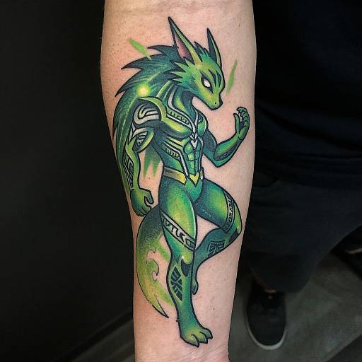 Vividly colored, green and blue tribal tattoo of a muscular, anthropomorphic dragon on a human forearm, with glowing eyes and intricate patterns. Photograph