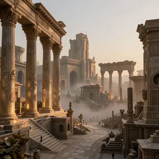 Photorealistic CGI of ancient, grandiose stone architecture at sunrise, featuring tall columns, intricate carvings, mist, and distant ruins.