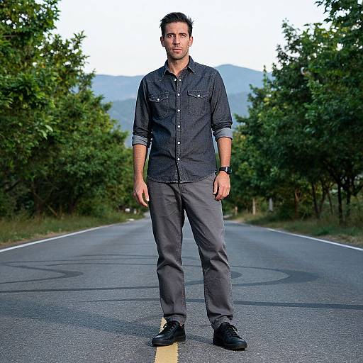 Photograph of a handsome, serious-looking man with short dark hair, wearing a black button-up shirt, gray pants, and black shoes, standing on