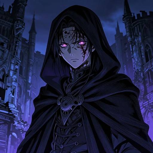 Digital anime-style drawing of a scarred, pale male with glowing pink eyes, wearing a dark hooded cloak in a Gothic, blue-lit city