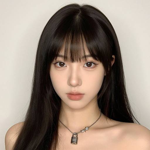 Digital portrait of a young Asian woman with long black hair, straight bangs, light skin, wearing a necklace with a lock pendant, against a plain