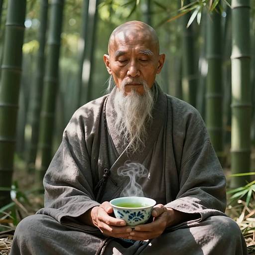 Photograph of an elderly Asian man with a long white beard, wearing a dark robe, sitting in a bamboo forest, holding a steaming blue te
