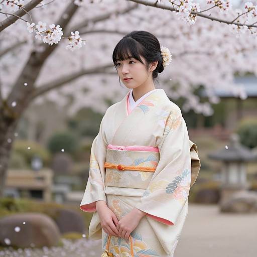 Photograph of an Asian woman in a white floral kimono, with black hair and white cherry blossom hairpin, standing under blooming cherry trees.