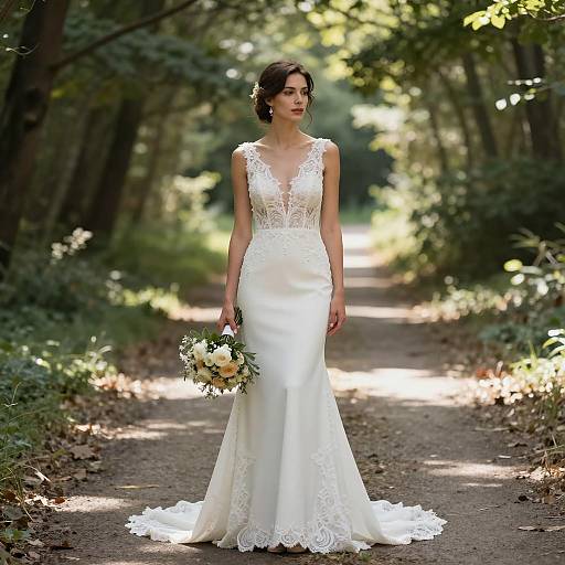 Bride in Lace Wedding Dress on Forest Path