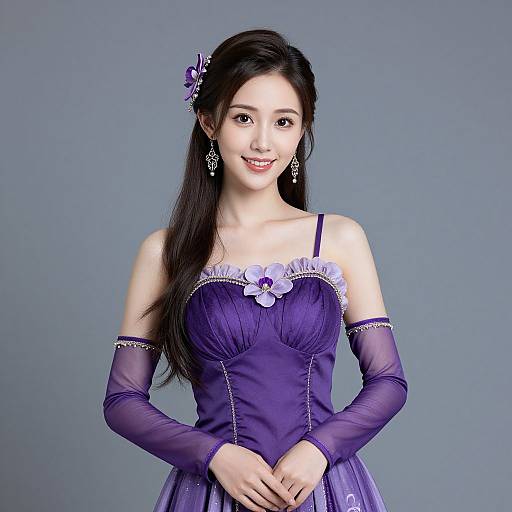 Asian woman with long black hair, purple off-shoulder dress, matching gloves, flower hair accessory, and earrings, smiling against gray background. Phot