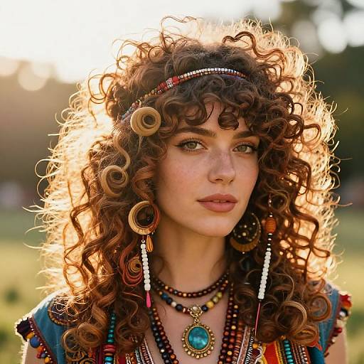 Photograph of a young woman with curly, sunlit brown hair wearing colorful beaded headband, necklace, and earrings, set against a sunlit