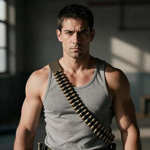 Muscular Man with Bandolier in Industrial Light