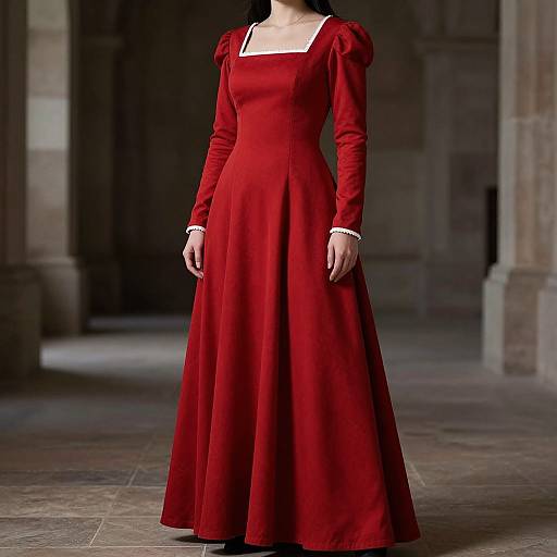 Photograph of a woman in a long, red, Victorian-style dress with puffed sleeves, standing in a dimly lit, stone-walled hallway