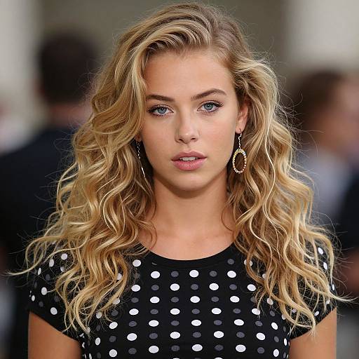 Photograph of a blonde woman with wavy hair, blue eyes, wearing a black polka dot dress, gold hoop earrings, and a neutral expression