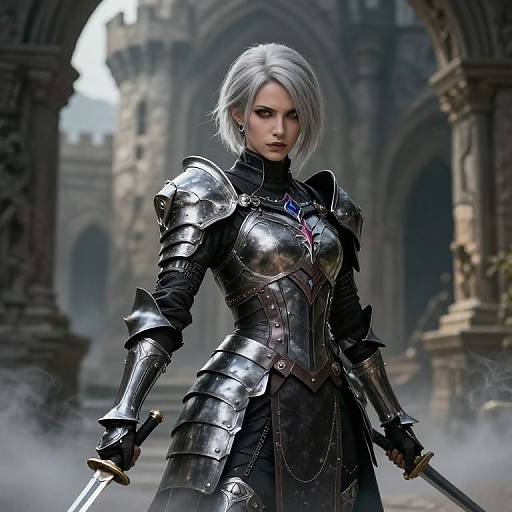 Digital artwork of a white-haired, fair-skinned woman in silver armor, standing with swords in an ancient, misty, ruined castle archway.