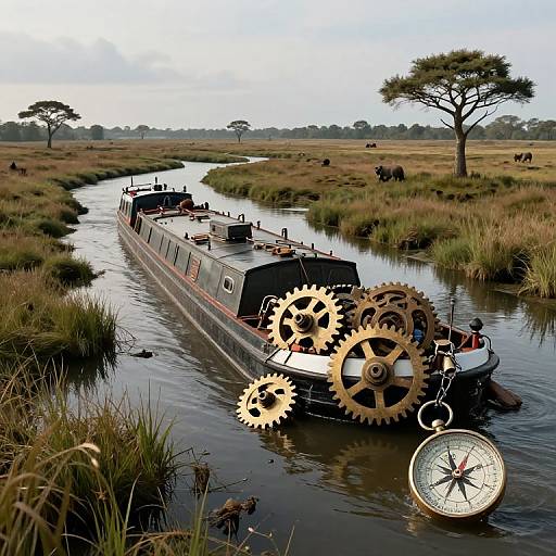 Photograph of a steam-powered narrowboat with large gears and a compass, navigating a grassy river in a savanna landscape with distant trees and grazing