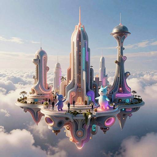 Futuristic floating cityscape with neon-lit skyscrapers, colorful buildings, a giant blue unicorn, and small figures amidst clouds, in a