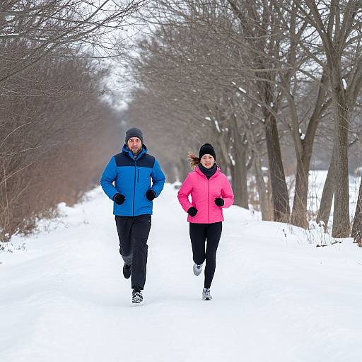 Photograph of a smiling couple jogging through a snowy, tree-lined path; the man wears a blue jacket, black pants, and grey beanie;