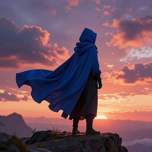 Silhouetted figure in blue hooded cloak stands on rocky cliff, facing vibrant sunset with pink, orange clouds in dramatic sky.