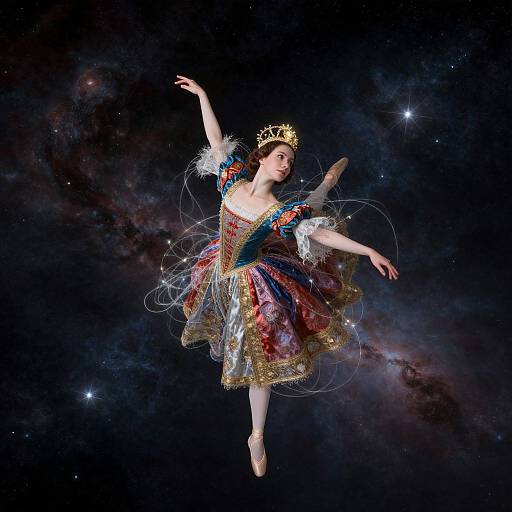 Photograph of a ballerina in a colorful, ornate tutu and crown, floating against a starry, cosmic background, arms gracefully extended