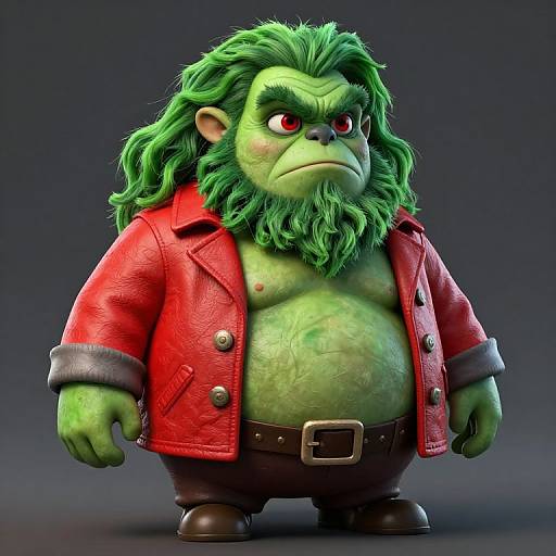 CGI image of a green-skinned, muscular ogre with wild green hair, red leather jacket, brown pants, and belt, standing against a