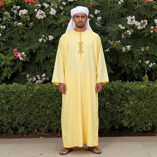 Photograph of a Middle Eastern man in a yellow traditional thobe, white headscarf, standing against a lush green bush with white and pink flowers