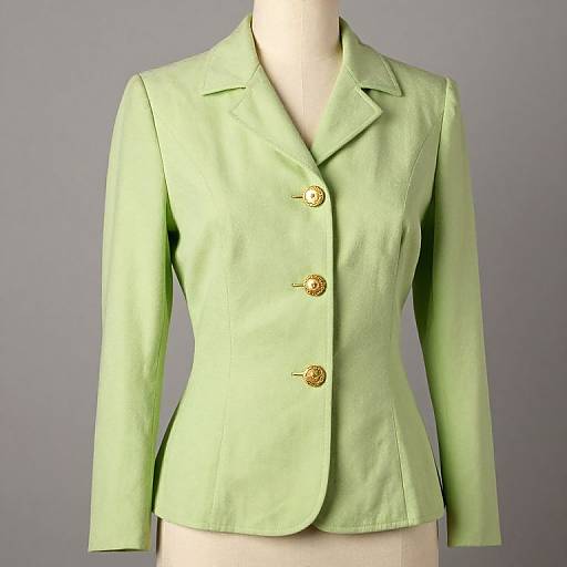 Photograph of a light green, long-sleeved, button-up blazer with gold buttons, displayed on a headless mannequin against a