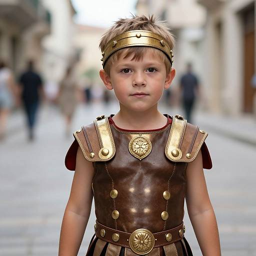 Photograph of a young boy with blonde hair, wearing a Roman-style bronze and gold armor costume, standing in a blurred, sunlit street.