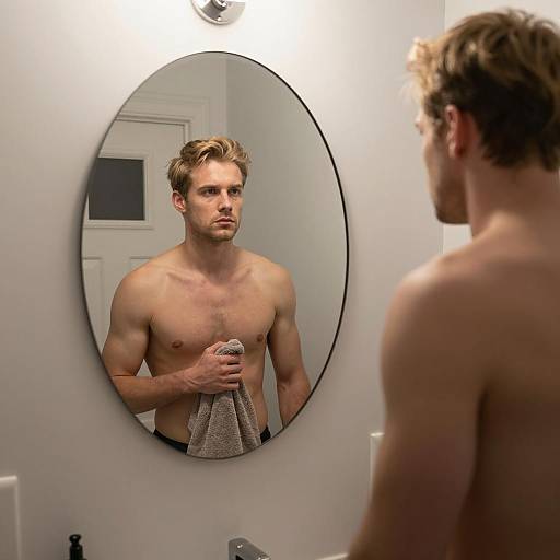 Serious Reflection in Dim Bathroom