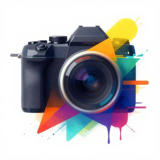 Digital illustration of a black DSLR camera with colorful geometric shapes and splashes in the background, blending vibrant red, yellow, blue, and green hues