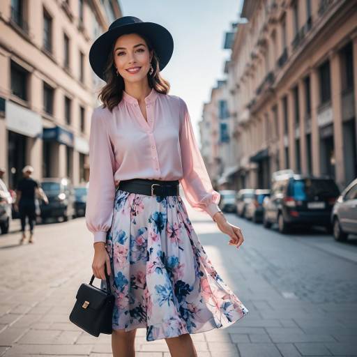 Stylish Woman in Pink Blouse and Floral Skirt