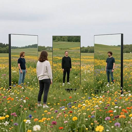 Photograph of four people standing in a colorful meadow, facing three black-framed mirrors, reflecting their images amidst vibrant wildflowers.