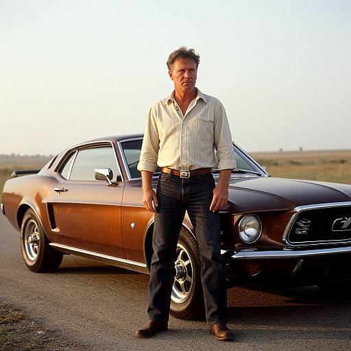 Photograph of a middle-aged man in a checkered shirt and jeans, standing confidently in front of a glossy brown classic car on a rural road at